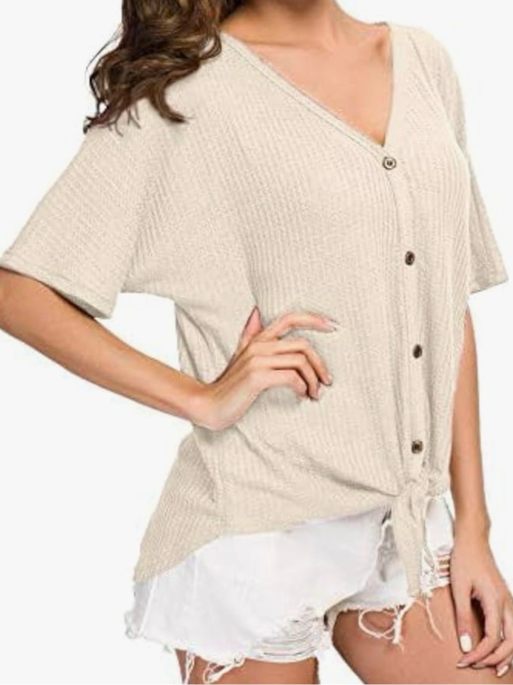 Women’s waffle Knit Short Sleeve Button-Front Tie Henley Top - White